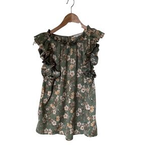 Blu Pepper Floral Ruffle Cap Sleeve Blouse Large Sage Green Excellent fairy